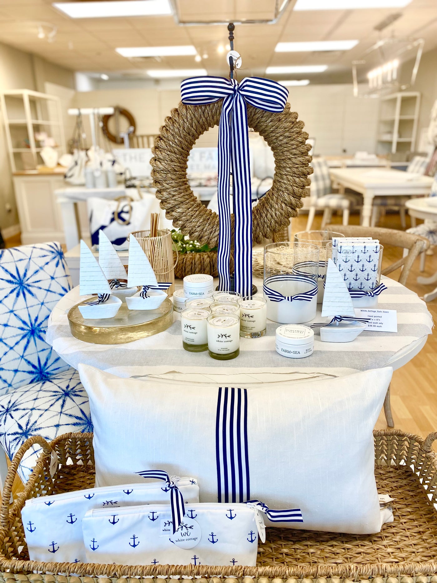 Newport Rope Wreath with Navy + White Signature Ribbon