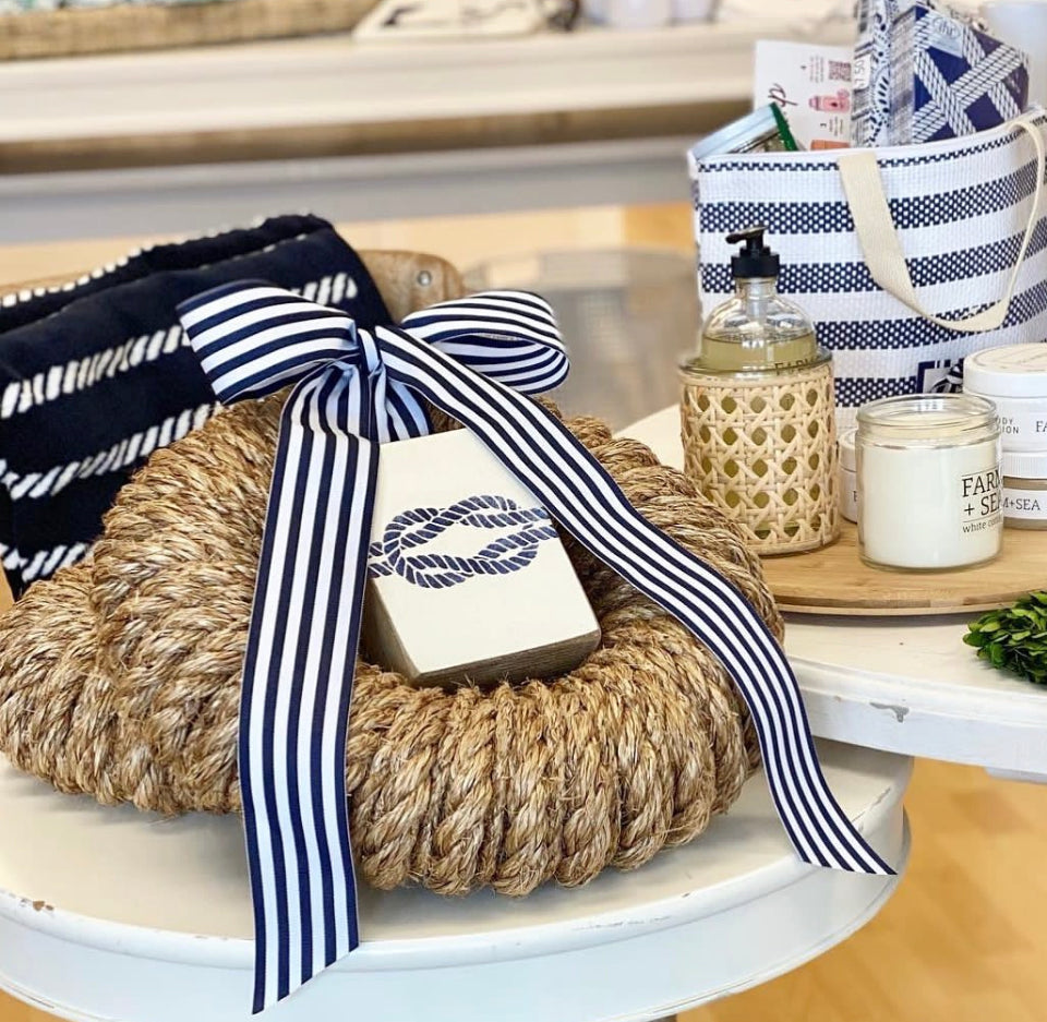 Newport Rope Wreath with Navy + White Signature Ribbon