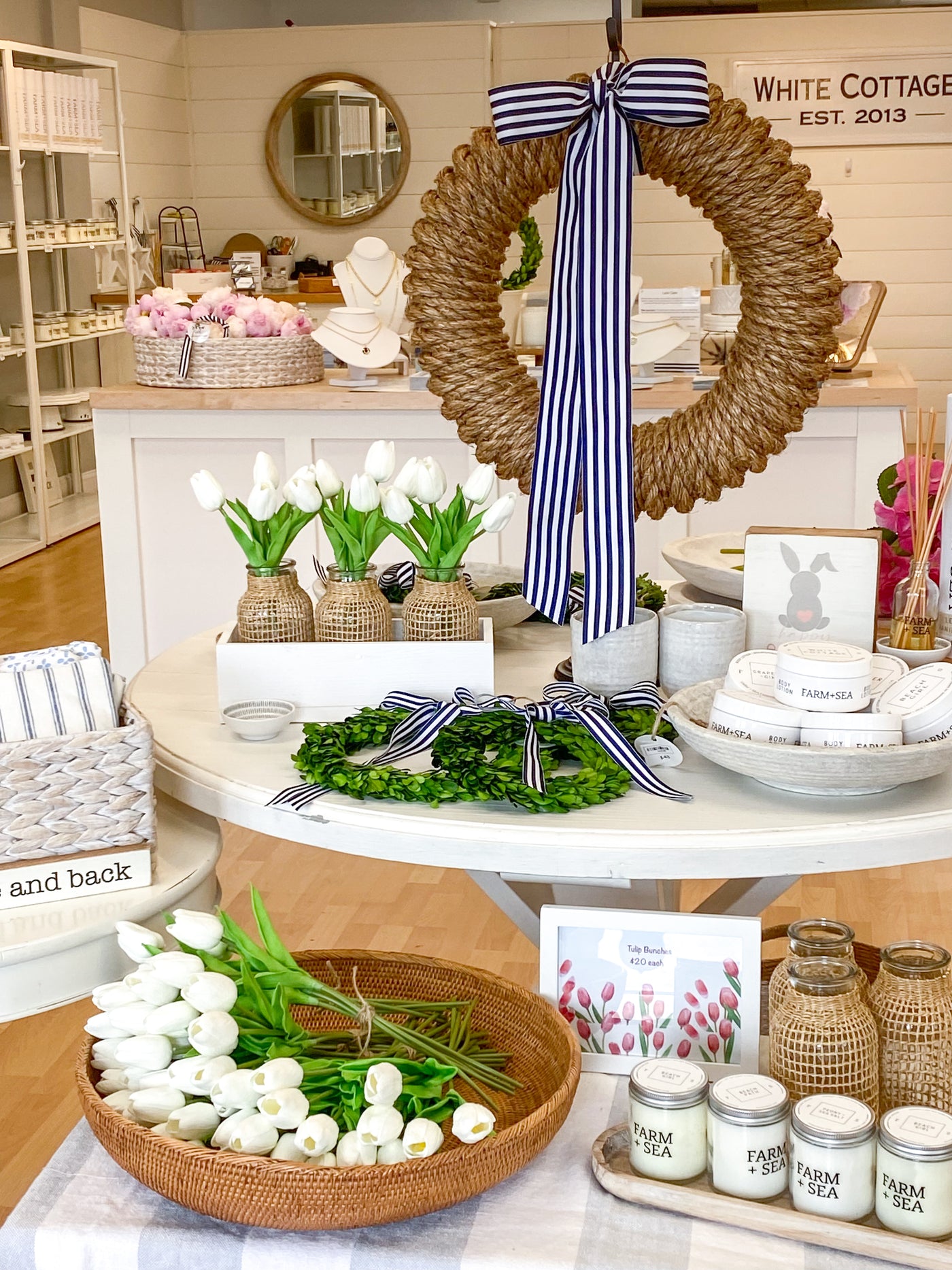 Newport Rope Wreath with Navy + White Signature Ribbon